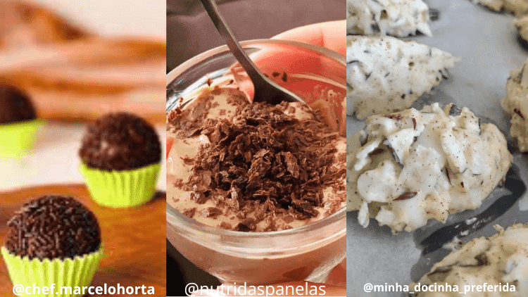 esta foto contem 3 sobremesas: brigadeiro, creme de cacau e cocada. São feitas com pouco carboidratos, por isso são consideradas sobremesas low carb